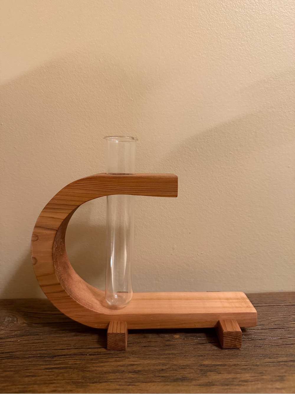 C-Shaped Wooden Bud Vase with Clear Glass Tube - Natural Wood